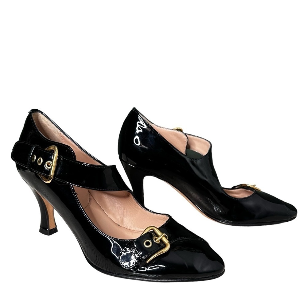ANYI LU | Black Patent Leather Gold Buckle Mary Jane Heels!